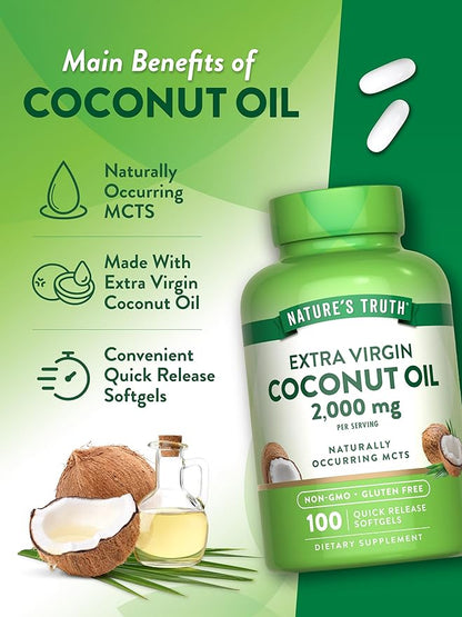 Nature's Truth Coconut Oil Supplement | 100 Softgels | Naturally Occurring MCTs | Non-GMO & Gluten Free