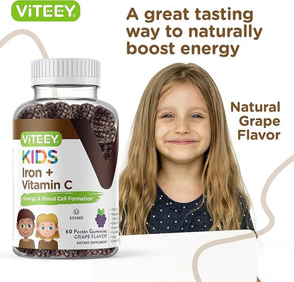 Iron Gummies for Kids with Vitamin C - Supports Energy, Blood Cell Formulation, Blood Builder Anemia Kids Iron Supplements - Vegan, Gelatin Free, Gluten Free - Tasty Chewable Grape Flavored Gummy