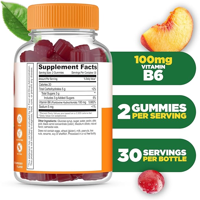 Lifeable Vitamin B6 Gummies | 100mg | Great Tasting VIT B6 Supplement | Vegan B6 Vitamins for Nerve Support Supplement | Vitamin B 6 for Adults, Men, Women | 60 Gummies