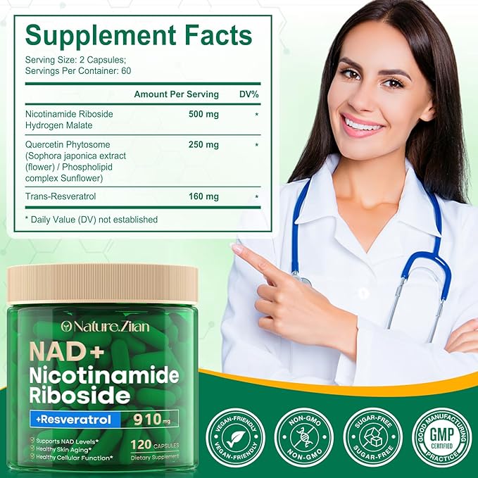 NAD Supplement 120 Capsules, Liposomal Nicotinamide Riboside, Resveratrol, Quercetin, NAD Nicotinamide Riboside Resveratrol 910mg for Women & Men, NAD Supplement for Anti Aging and Cell Regeneration