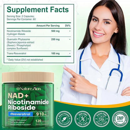 NAD Supplement, NAD Nicotinamide Riboside 910 Mg for Men and Women, Liposomal Nicotinamide Riboside Resveratrol, for Anti-Aging, Energy, Focus, Boost NAD+ - 120 Capsules