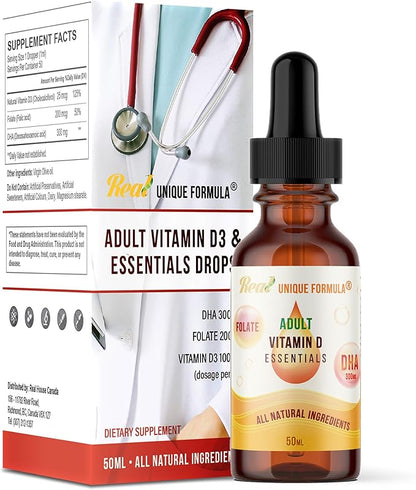 Unique Formula® Adults Health Essentials Drops - Liquid Natural Vitamin D3 Supplement, DHA Omega 3, Folate, Supports Heart, Brain, Eyes & Joint Health Supplement for The Whole Family