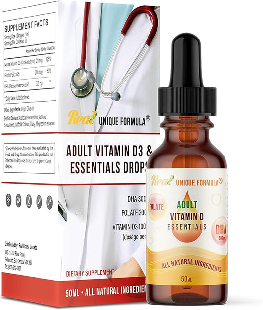 Unique Formula® Adults Health Essentials Drops - Liquid Natural Vitamin D3 Supplement, DHA Omega 3, Folate, Supports Heart, Brain, Eyes & Joint Health Supplement for The Whole Family