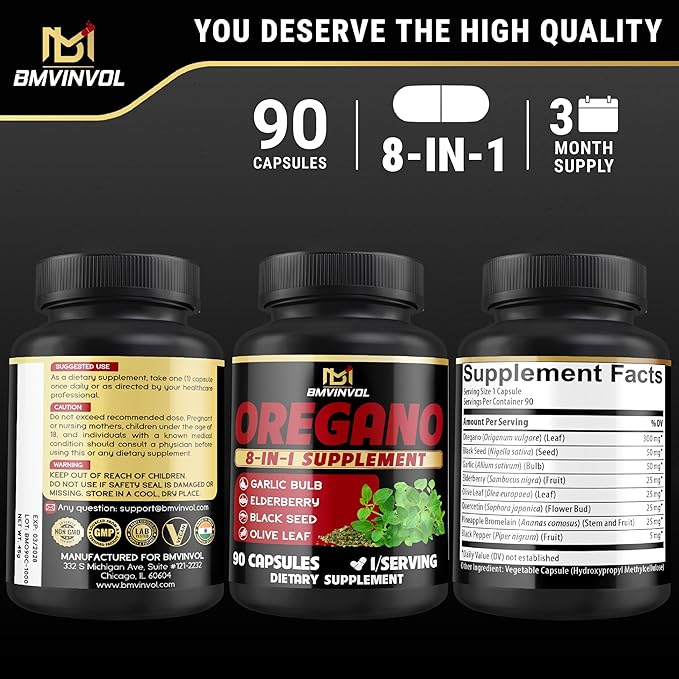 BMVINVOL Oregano Supplement | Black Seed, Garlic, Elderberry, Olive Leaf, Quercetin, Bromelain, Black Pepper - 8in1 Immune & Digestive Support 90 Capsules [3-Month Supply]