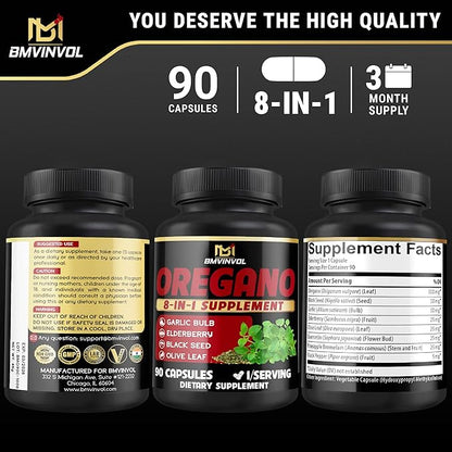 BMVINVOL Oregano Supplement | Black Seed, Garlic, Elderberry, Olive Leaf, Quercetin, Bromelain, Black Pepper - 8in1 Immune & Digestive Support 90 Capsules [3-Month Supply]