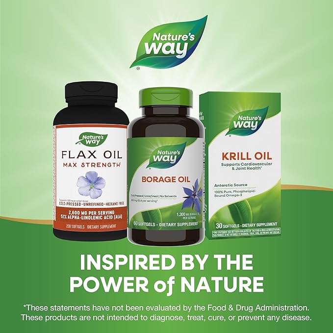 Nature's Way Borage Oil, Cold Pressed & Unrefined, GLA Supplement, 300 mg GLA and 440 mg Linoleic Acid per Serving, 60 Softgels (Packaging May Vary)
