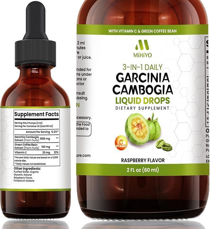 3-in-1 Garcinia Cambogia Liquid Drops - Natrual Extract with Green Coffee Bean & Vitamin C - Support Health and Wellness - Stronger Than Pills & Capsules - Natural Raspberry Flavor - 2 fl oz (60 ml)