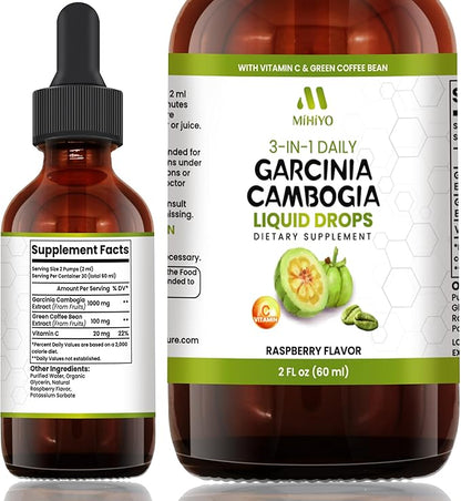 3-in-1 Garcinia Cambogia Liquid Drops - Natrual Extract with Green Coffee Bean & Vitamin C - Support Health and Wellness - Stronger Than Pills & Capsules - Natural Raspberry Flavor - 2 fl oz (60 ml)