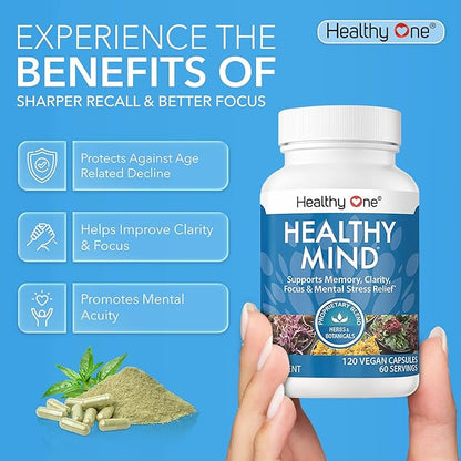 Healthy Mind - Safe for Teens - Brain Fog - Cognitive Function - Concentration - Focus - Neural Optimization - Mood - Ginkgo Biloba - Ginseng - Rhodiola - Bacopa - Gotu Kola - Green Tea - 120 Count