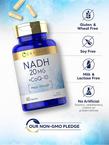 Carlyle NADH CoQ10 Supplement | 20mg | 60 Capsules | Mega Strength | Non-GMO, Gluten Free