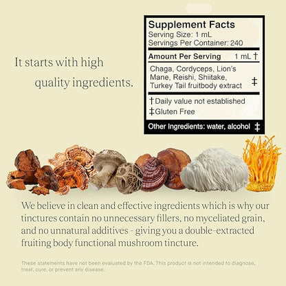 Blend No.1-6 Mushroom Blend Tincture Reishi, Chaga, Lions Mane, Turkey Tail, Cordyceps, & Shiitake, Natural Support Immunity Booster, Increase Energy & Cognitive Function (240 Servings)