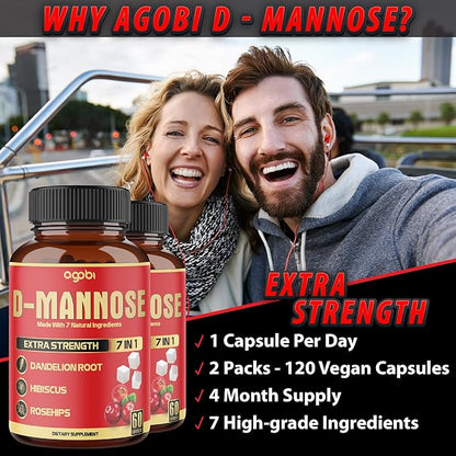 2 Packs 60 Counts 4 Months - D-Mannose Capsules - Natural Urinary Tract Health & Immune Support - 7in1 with Cranberry, Dandelion, Hibiscus & More