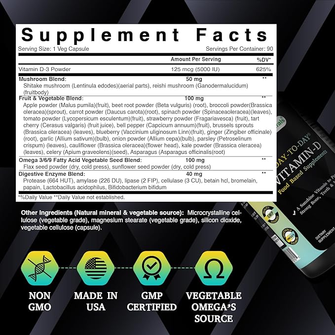 Best Naturals Day-to-Day Vitamin D 5000 IU 90 Veg Capsules - Made with Mushroom Blend, Fruit Vegetable Blend, Omega 3-6-9 Blend, & Digestive Blend