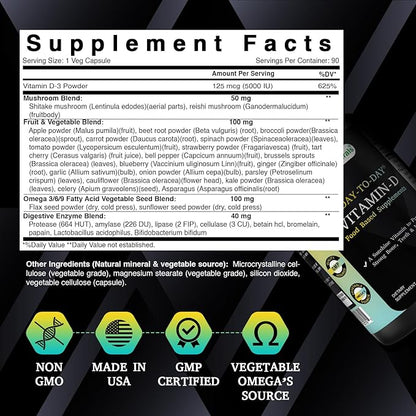 Best Naturals Day-to-Day Vitamin D 5000 IU 90 Veg Capsules - Made with Mushroom Blend, Fruit Vegetable Blend, Omega 3-6-9 Blend, & Digestive Blend