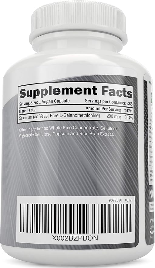 Selenium 200mcg - 365 Vegan Capsules not Tablets - Pure & Yeast Free L-Selenomethionine for Improved Absorption - Thyroid, Heart, and Immune System Support - Antioxidant Trace Mineral - Made in USA