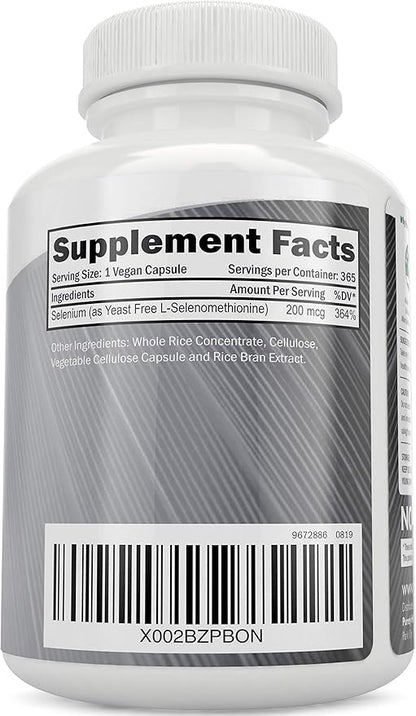 Selenium 200mcg - 365 Vegan Capsules not Tablets - Pure & Yeast Free L-Selenomethionine for Improved Absorption - Thyroid, Heart, and Immune System Support - Antioxidant Trace Mineral - Made in USA