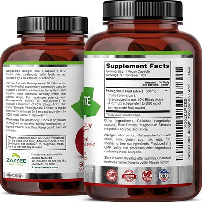 Zazzee Extra Strength Pomegranate 20:1 Extract, 5000 mg Strength, 40% Ellagic Acid, 120 Vegan Capsules, 4 Month Supply, Standardized, Concentrated 20X Extract, 100% Vegetarian, All-Natural and Non-GMO