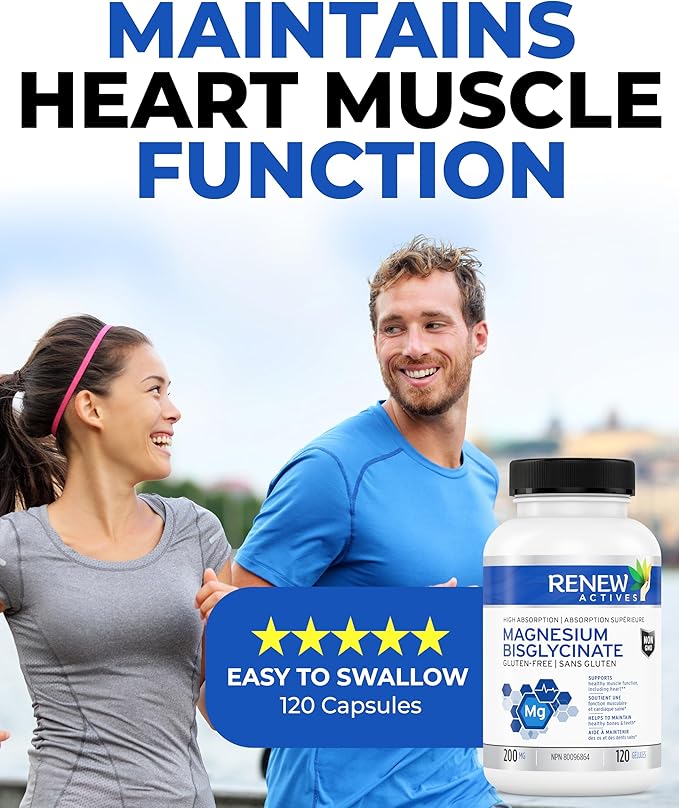 RENEW ACTIVES Magnesium Glycinate 400MG per 2 Capsules Pure Magnesium Bisglycinate for Full Body Relaxation, Sleep, Muscles, Bones & Energy - Electrolyte Balance - Made in Canada -120 Capsules