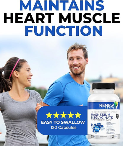 RENEW ACTIVES Magnesium Glycinate 400MG per 2 Capsules Pure Magnesium Bisglycinate for Full Body Relaxation, Sleep, Muscles, Bones & Energy - Electrolyte Balance - Made in Canada -120 Capsules