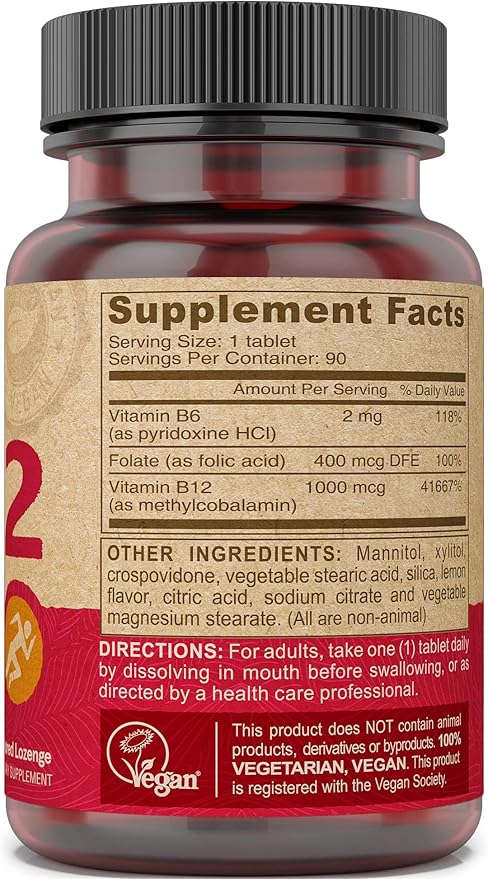 DEVA Vegan Vitamin B12 Fast Dissolve Supplement - Once-Per-Day Complex with 1000 Mcg Methylcobalamin B12, Folic Acid, B6 - Lemon Flavor - 90 Dissolvable Tablets, 2-Pack