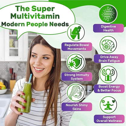 Super Greens Gummies, Greens Superfood Powder Alternative w/Spirulina, Chlorella, Prebiotic Fiber, Probiotic, Fruit Veggie, Daily Greens Vegetable for Digestive & Gut Health, Immunity, Focus, 60 Cts