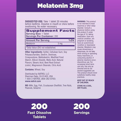 Natrol Fast Dissolve Melatonin 3 mg, Supplements for Restful Sleep, Sleep Support for Adults, 200 Strawberry-Flavored Melatonin Tablets, Up to a 200 Day Supply