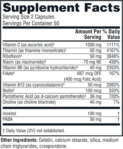 Twinlab Stress B-Complex Caps - Complete B-Complex & 1000 mg Vitamin C - Energy Support Supplement with Vitamin B12 and B6-100 Capsules (Pack of 2)