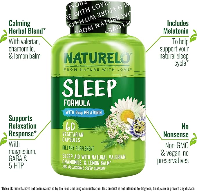NATURELO Sleep Aid - with Melatonin, Magnesium, GABA, Valerian Root, Lemon Balm, Chamomile Herbal Extracts - Plant-Based Sleeping Aid - 60 Vegan Capsules