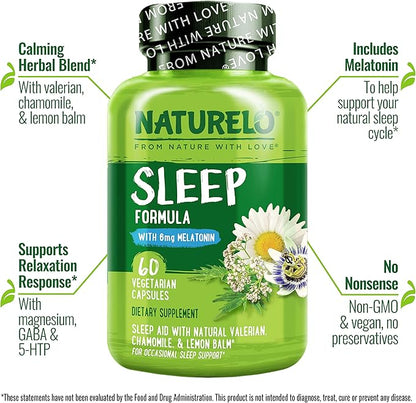 NATURELO Sleep Aid - with Melatonin, Magnesium, GABA, Valerian Root, Lemon Balm, Chamomile Herbal Extracts - Plant-Based Sleeping Aid - 60 Vegan Capsules