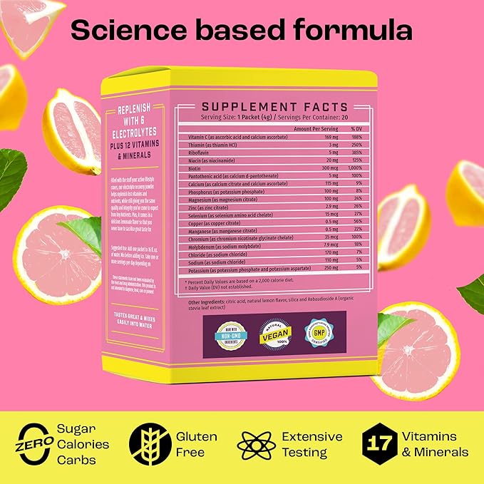 KEY NUTRIENTS Electrolytes Powder Packets - Fresh Pink Lemonade 20 Pack Hydration Packets - Travel Hydration Powder - Made in USA - No Sugar, No Calories, Gluten Free