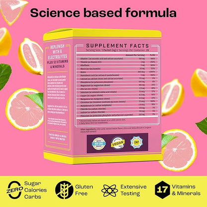 KEY NUTRIENTS Electrolytes Powder Packets - Fresh Pink Lemonade 20 Pack Hydration Packets - Travel Hydration Powder - Made in USA - No Sugar, No Calories, Gluten Free