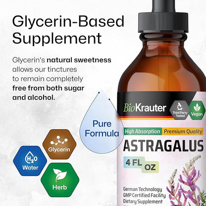 BIO KRAUTER Astragalus Tincture - Astragalus Root Extract for Immune Support - Alcohol and Sugar Free - High Absorption - Vegan Drops 4 Fl.Oz.