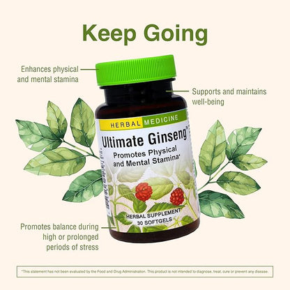 Herbs Etc. Ultimate Ginseng Softgels - Support Continuous Physical Activity - Aids Brain Health - Supports Daily Stamina for Physical & Intellectual Activity - Gluten-Free - 30 Softgels (30 Servings)