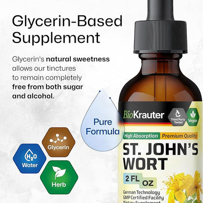 BIO KRAUTER St John's Wort Tincture - Hypericum Perforatum Liquid Extract for Mood Support - High Absorption - Vegan Drops 2 Fl.Oz.