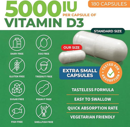 ForestLeaf Vitamin D3 5000 IU | VIT D - VIT D3 Vitamin D Supplements for Women and Men | Bone Health, Teeth and Immune Support | Easy to Swallow Pills | One Capsule Daily, 6-Month Supply, 180 Count