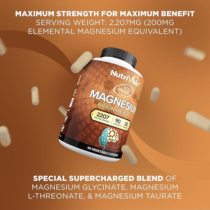 Nutrivein Premium Magnesium L-Threonate Supplement (Magtein) 2207 mg - 90 Caps (3 a Day): High-Absorption Magnesium Threonate for Brain, Sleep, Mood & Recovery