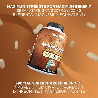 Nutrivein Premium Magnesium L-Threonate Supplement (Magtein) 2207 mg - 90 Caps (3 a Day): High-Absorption Magnesium Threonate for Brain, Sleep, Mood & Recovery