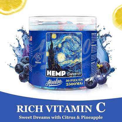 Hemp Gummies - High Potency for AdultsNatural Tasty Fruit Flavors Vitamins, Omega 3 for Deep Bedtimes, Focus, Unwind, Made in USA