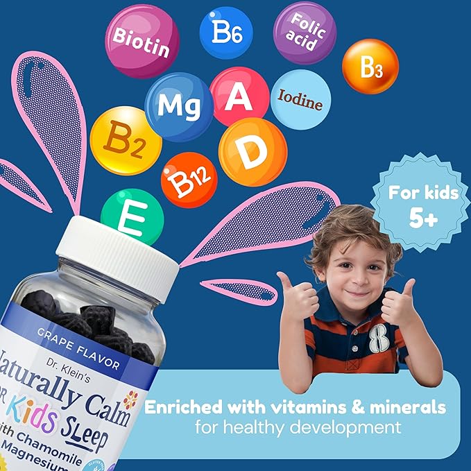 Dr. Klein's Naturally Calm Gummies for Kids - with Magnesium Glycinate, Linden & Vitamin A for Soothing Kids Ages 5+ - Vitamins to Aid Sleep - Chamomile Gummies - Calm Chews - Grape Sugar-Free 30ct