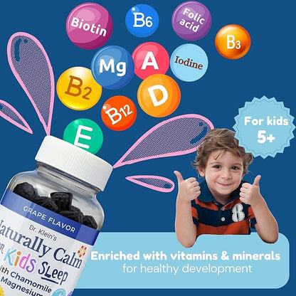 Dr. Klein's Naturally Calm Gummies for Kids - with Magnesium Glycinate, Linden & Vitamin A for Soothing Kids Ages 5+ - Vitamins to Aid Sleep - Chamomile Gummies - Calm Chews - Grape Sugar-Free 30ct
