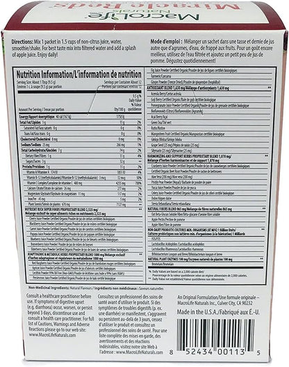 MacroLife Naturals Miracle Reds Superfood Supplement Powder Antioxidants Polyphenols Enzymes Probiotics - Raw Non-GMO Organic Vegan Gluten & Dairy Free (12 Packet)