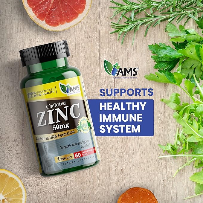 America Medic & Science Chelated Zinc 50 mg Supplements (3 Pack of 60 Tablets) Immune Booster and Powerful Antioxidant Pills for Adults Men and Women | Highly Absorbable Mineral, Improves Mood & Sleep