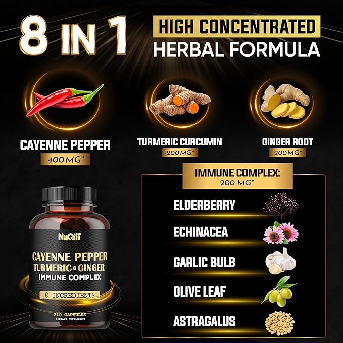 210 Pills - Cayenne Pepper Capsules Organic with Turmeric, Ginger, Immune Support Complex as Elderberry, Echinacea, Garlic Bulb - Digestion, Heart Health & Body Management