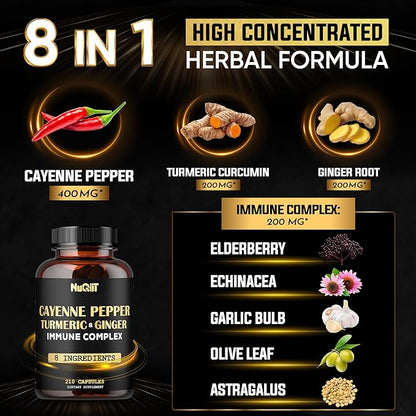 210 Pills - Cayenne Pepper Capsules Organic with Turmeric, Ginger, Immune Support Complex as Elderberry, Echinacea, Garlic Bulb - Digestion, Heart Health & Body Management