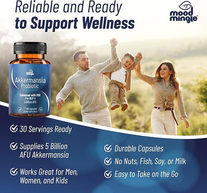 Akkermansia Muciniphila GLP-1 Probiotic Supplements - with XOS 5B AFU Vitamin B2 B6 B12 D3 Niacin Pantothenic Acid Increases GLP1 Production - Vegan Gluten-Free Capsules for Men Women (1 Pack)
