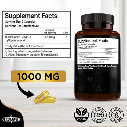 NEW AGE Black Seed Oil Softgel Capsules - Premium Cold-Pressed Nigella Sativa Producing Pure Black Cumin Seed Oil - Non-GMO & Vegetarian (120 Softgels)