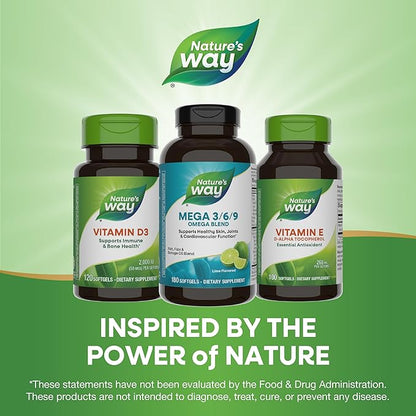 Nature’s Way Mega 3/6/9 Omega Blend, Supports Healthy Skin, Joints, Cardiovascular Function*, Fish, Flax, Borage Oil, 180 Lime Flavored Softgels (Packaging May Vary)