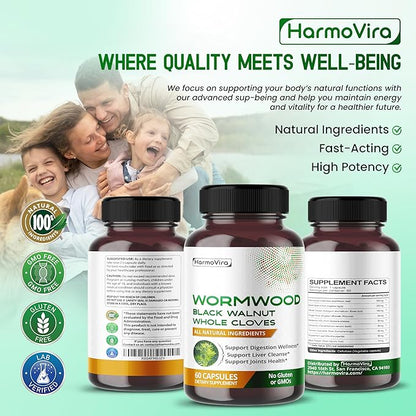 Wormwood Black Walnut Whole Cloves Ginger - Support Digestion Wellness, Liver Cleanse, Joints Health - 120-day Supply - Made in The USA