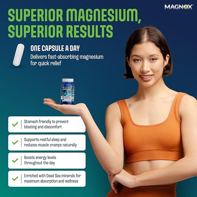 MAGNOX® 520 | Magnesium Supplement 520mg of High Absorption Magnesium for Men & Women with Dead Sea Minerals | 3X More Absorption | Patented Formula | Fast Sleep & Muscle Pain Relief (60 Vegan Caps)