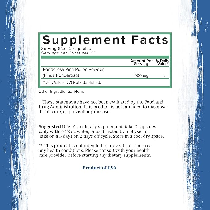 Holistic Bin Pine Pollen Capsules 500mg (Pinus Ponderosa) - Wild Harvested California Ponderosa Pine Pollen Powder - Olympic Grade - Organic, Non-GMO, No Fillers - 30 Day Supply (40 Capsules)